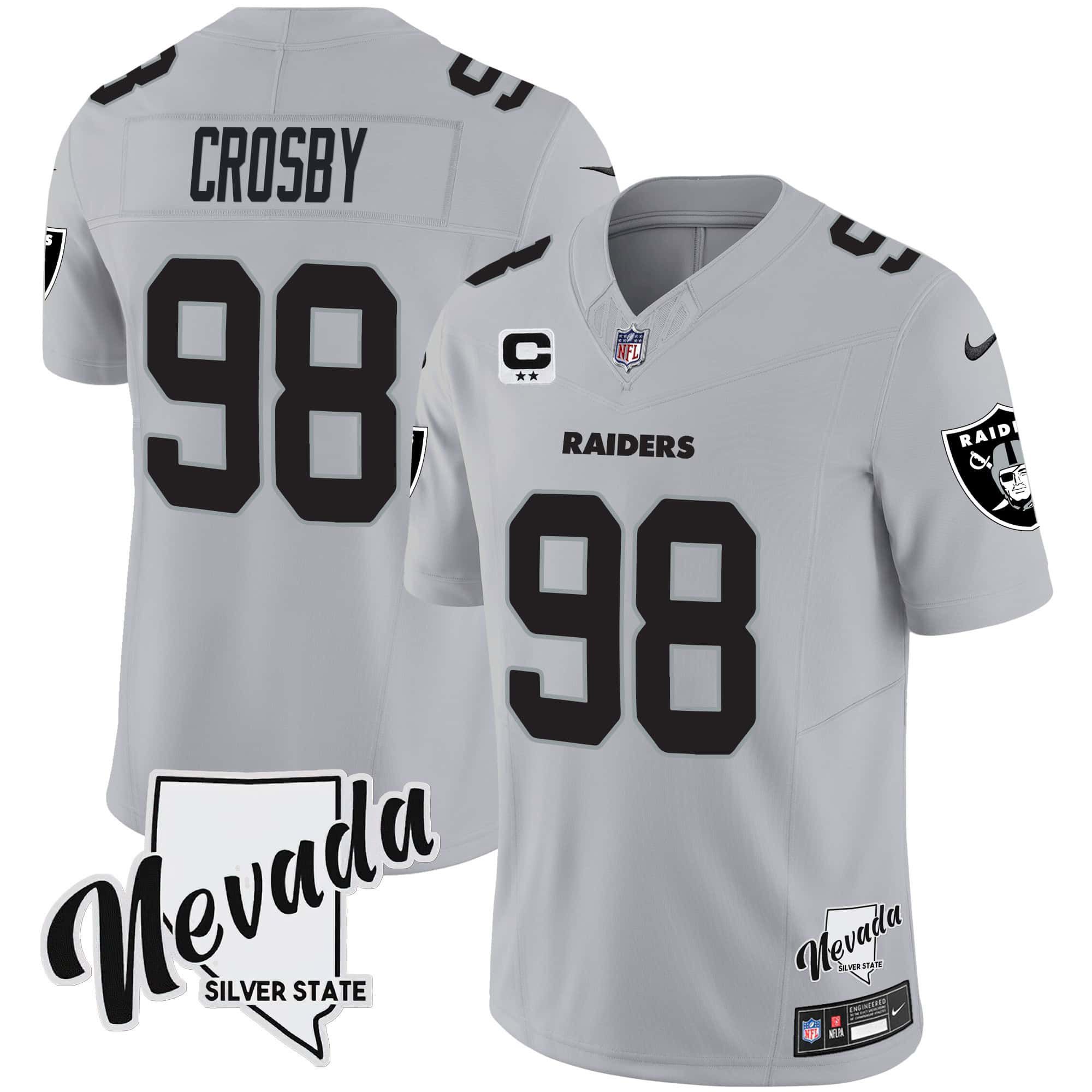 Men Oakland Raiders #98 Crosby Grey 2024 Nike Nevada Silver State Patch Vapor NFL Jersey